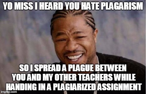 Yo Dawg Heard You Meme | YO MISS I HEARD YOU HATE PLAGARISM SO I SPREAD A PLAGUE BETWEEN YOU AND MY OTHER TEACHERS WHILE HANDING IN A PLAGIARIZED ASSIGNMENT | image tagged in memes,yo dawg heard you | made w/ Imgflip meme maker