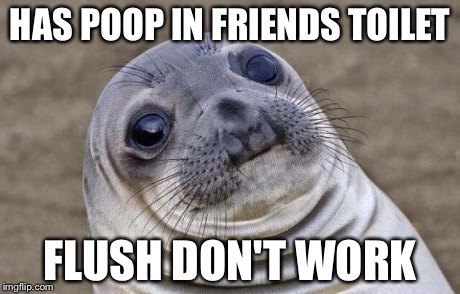 When you have to tell a friends mum that your poop is in their toilet | HAS POOP IN FRIENDS TOILET FLUSH DON'T WORK | image tagged in memes,awkward moment sealion | made w/ Imgflip meme maker