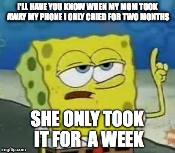 I'll Have You Know Spongebob | I'LL HAVE YOU KNOW WHEN MY MOM TOOK AWAY MY PHONE I ONLY CRIED FOR TWO MONTHS SHE ONLY TOOK IT FOR  A WEEK | image tagged in memes,ill have you know spongebob | made w/ Imgflip meme maker