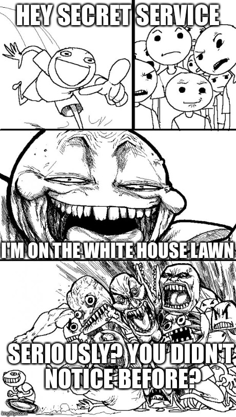 Secret service today... | HEY SECRET SERVICE I'M ON THE WHITE HOUSE LAWN SERIOUSLY? YOU DIDN'T NOTICE BEFORE? | image tagged in memes,hey internet,secret service | made w/ Imgflip meme maker