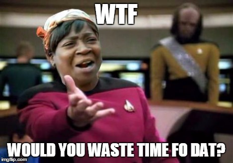 WTF ain't nobody got time | WTF WOULD YOU WASTE TIME FO DAT? | image tagged in wtf ain't nobody got time | made w/ Imgflip meme maker
