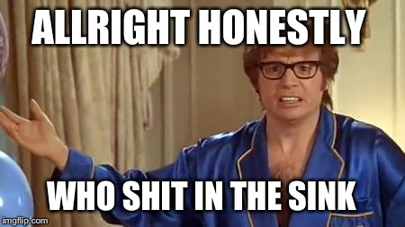 Austin Powers Honestly Meme | ALLRIGHT HONESTLY WHO SHIT IN THE SINK | image tagged in memes,austin powers honestly | made w/ Imgflip meme maker