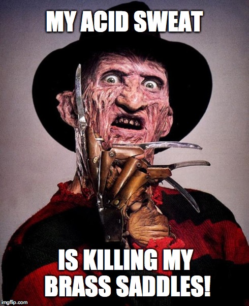 Freddy Krueger face | MY ACID SWEAT IS KILLING MY BRASS SADDLES! | image tagged in freddy krueger face | made w/ Imgflip meme maker