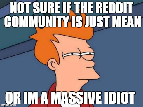 Futurama Fry | NOT SURE IF THE REDDIT COMMUNITY IS JUST MEAN OR IM A MASSIVE IDIOT | image tagged in memes,futurama fry | made w/ Imgflip meme maker