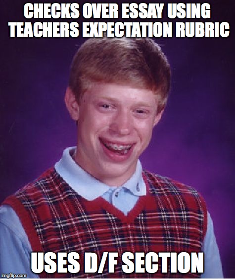 Bad Luck Brian | CHECKS OVER ESSAY USING TEACHERS EXPECTATION RUBRIC USES D/F SECTION | image tagged in memes,bad luck brian | made w/ Imgflip meme maker