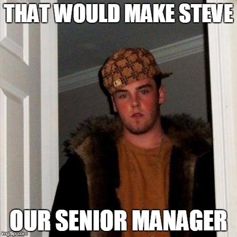 Scumbag Steve Meme | THAT WOULD MAKE STEVE OUR SENIOR MANAGER | image tagged in memes,scumbag steve | made w/ Imgflip meme maker