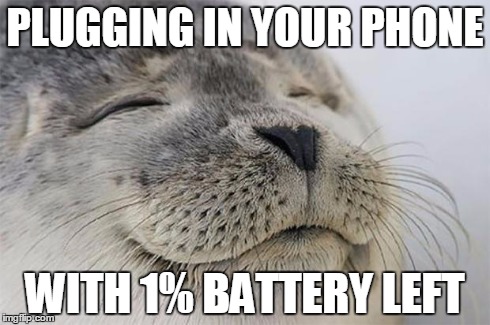 Satisfied Seal Meme | PLUGGING IN YOUR PHONE WITH 1% BATTERY LEFT | image tagged in memes,satisfied seal | made w/ Imgflip meme maker