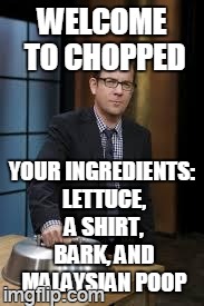 should be tasty | WELCOME TO CHOPPED YOUR INGREDIENTS: LETTUCE, A SHIRT, BARK, AND MALAYSIAN POOP | image tagged in chopped,memes | made w/ Imgflip meme maker