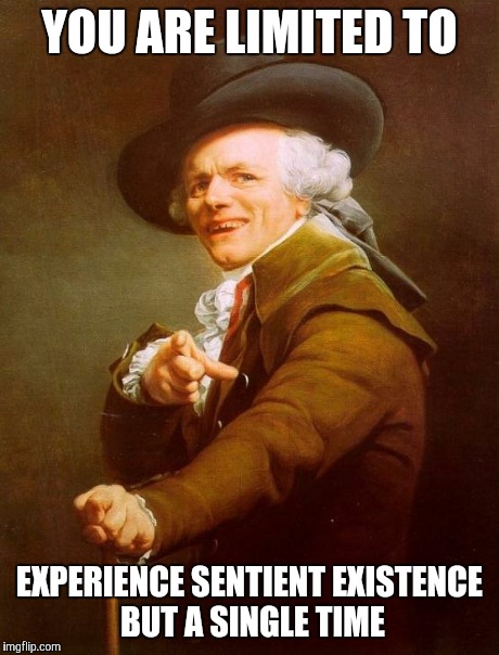 Joseph Ducreux Meme | YOU ARE LIMITED TO EXPERIENCE SENTIENT EXISTENCE BUT A SINGLE TIME | image tagged in memes,joseph ducreux | made w/ Imgflip meme maker