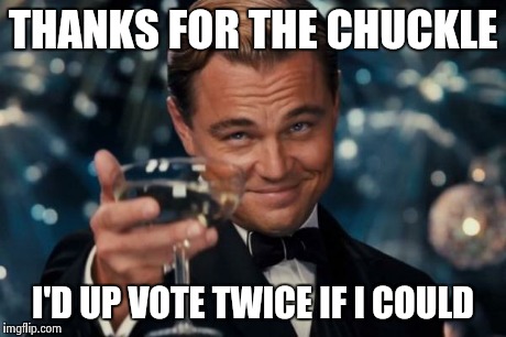 Leonardo Dicaprio Cheers Meme | THANKS FOR THE CHUCKLE I'D UP VOTE TWICE IF I COULD | image tagged in memes,leonardo dicaprio cheers | made w/ Imgflip meme maker