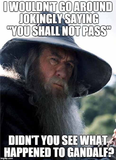 Gandalf No Other Choice | I WOULDN'T GO AROUND JOKINGLY SAYING "YOU SHALL NOT PASS" DIDN'T YOU SEE WHAT HAPPENED TO GANDALF? | image tagged in gandalf no other choice | made w/ Imgflip meme maker