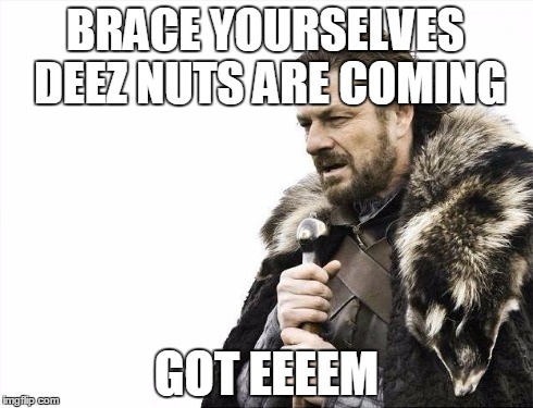 Brace Yourselves X is Coming | BRACE YOURSELVES DEEZ NUTS ARE COMING GOT EEEEM | image tagged in memes,brace yourselves x is coming | made w/ Imgflip meme maker