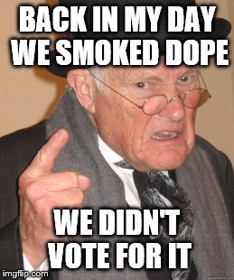 Back In My Day Meme | BACK IN MY DAY WE SMOKED DOPE WE DIDN'T VOTE FOR IT | image tagged in memes,back in my day | made w/ Imgflip meme maker