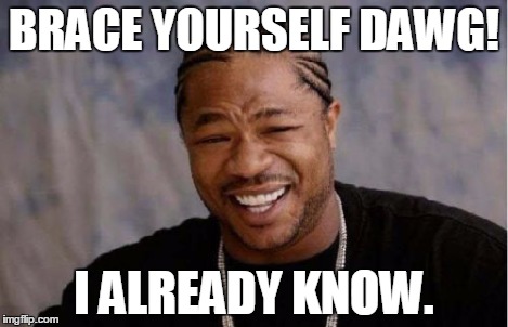 Yo Dawg Heard You Meme | BRACE YOURSELF DAWG! I ALREADY KNOW. | image tagged in memes,yo dawg heard you | made w/ Imgflip meme maker