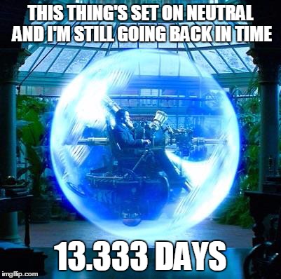 The Time Machine | THIS THING'S SET ON NEUTRAL AND I'M STILL GOING BACK IN TIME 13.333 DAYS | image tagged in the time machine | made w/ Imgflip meme maker
