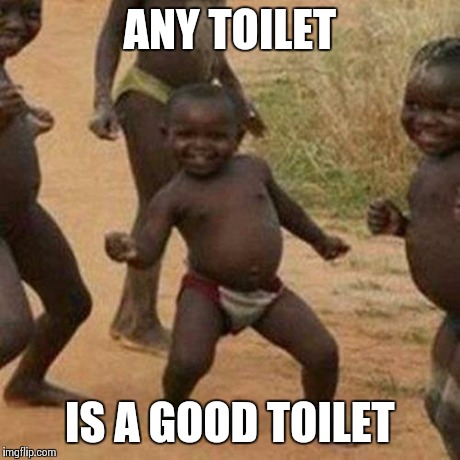 Third World Success Kid Meme | ANY TOILET IS A GOOD TOILET | image tagged in memes,third world success kid | made w/ Imgflip meme maker