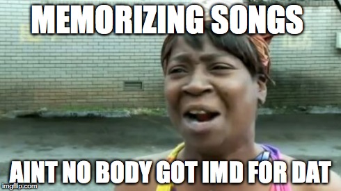 Ain't Nobody Got Time For That | MEMORIZING SONGS AINT NO BODY GOT IMD FOR DAT | image tagged in memes,aint nobody got time for that | made w/ Imgflip meme maker