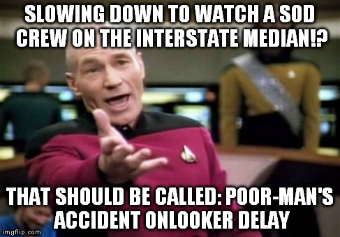 Picard Wtf | SLOWING DOWN TO WATCH A SOD CREW ON THE INTERSTATE MEDIAN!? THAT SHOULD BE CALLED: POOR-MAN'S ACCIDENT ONLOOKER DELAY | image tagged in memes,picard wtf | made w/ Imgflip meme maker