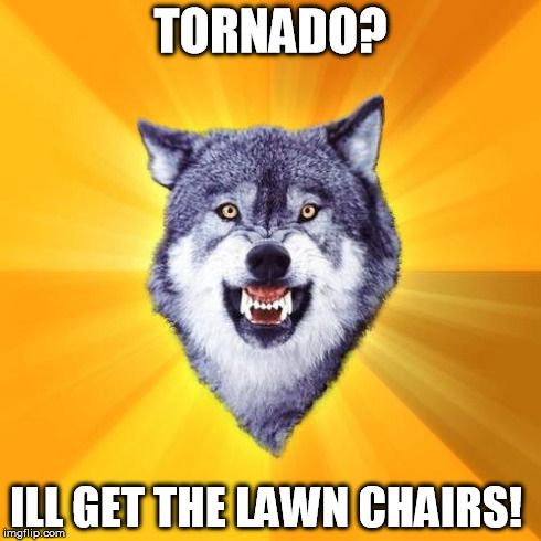 Courage Wolf | TORNADO? ILL GET THE LAWN CHAIRS! | image tagged in memes,courage wolf | made w/ Imgflip meme maker