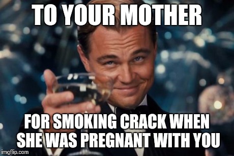 Leonardo Dicaprio Cheers Meme | TO YOUR MOTHER FOR SMOKING CRACK WHEN SHE WAS PREGNANT WITH YOU | image tagged in memes,leonardo dicaprio cheers | made w/ Imgflip meme maker