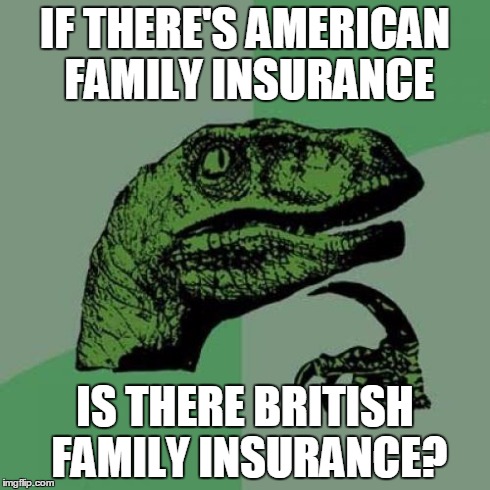 Right? | IF THERE'S AMERICAN FAMILY INSURANCE IS THERE BRITISH FAMILY INSURANCE? | image tagged in memes,philosoraptor | made w/ Imgflip meme maker