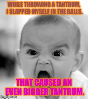 Angry Baby Meme | WHILE THROWING A TANTRUM, I SLAPPED MYSELF IN THE BALLS. THAT CAUSED AN EVEN BIGGER TANTRUM. | image tagged in memes,angry baby | made w/ Imgflip meme maker