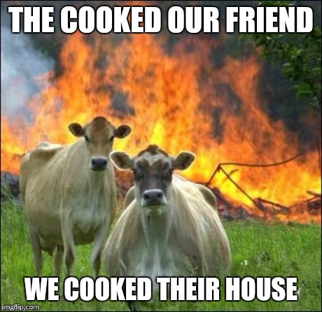 Evil Cows Meme | THE COOKED OUR FRIEND WE COOKED THEIR HOUSE | image tagged in memes,evil cows | made w/ Imgflip meme maker