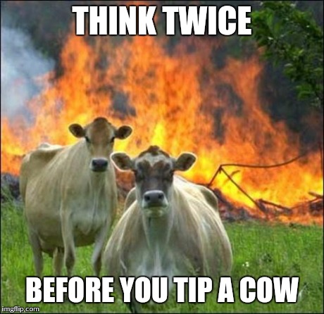 Evil Cows | THINK TWICE BEFORE YOU TIP A COW | image tagged in memes,evil cows | made w/ Imgflip meme maker