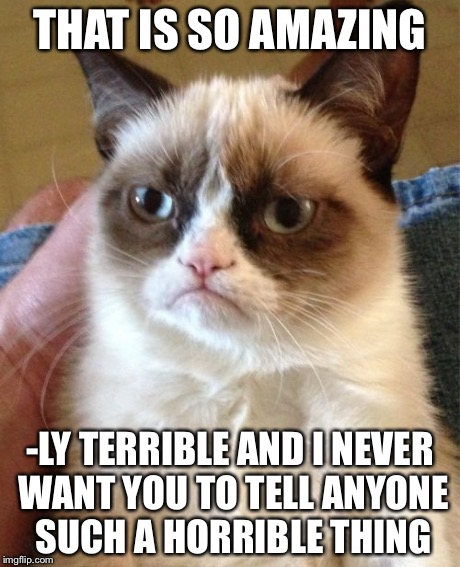 Grumpy Cat Meme | THAT IS SO AMAZING -LY TERRIBLE AND I NEVER WANT YOU TO TELL ANYONE SUCH A HORRIBLE THING | image tagged in memes,grumpy cat | made w/ Imgflip meme maker