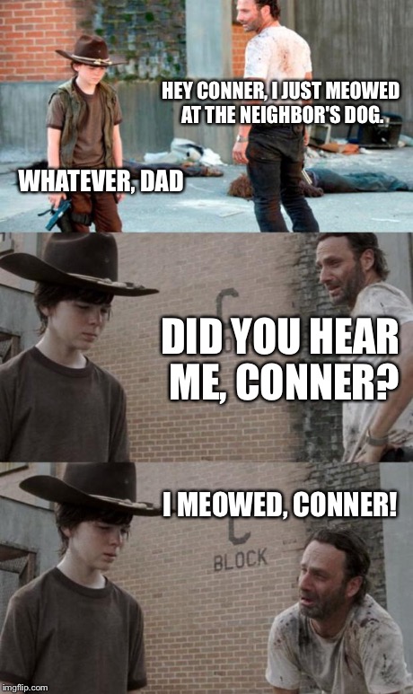 Rick and Carl 3 | HEY CONNER, I JUST MEOWED AT THE NEIGHBOR'S DOG. WHATEVER, DAD DID YOU HEAR ME, CONNER? I MEOWED, CONNER! | image tagged in memes,rick and carl 3 | made w/ Imgflip meme maker