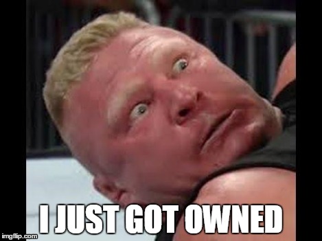Brock Lesnar is not happy | I JUST GOT OWNED | image tagged in brock lesnar is not happy | made w/ Imgflip meme maker