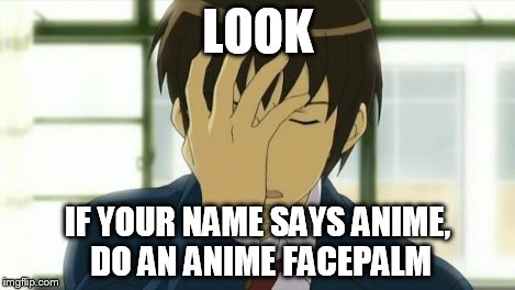 Kyon Facepalm Ver 2 | LOOK IF YOUR NAME SAYS ANIME, DO AN ANIME FACEPALM | image tagged in kyon facepalm ver 2 | made w/ Imgflip meme maker