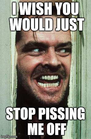 Here's Johnny | I WISH YOU WOULD JUST STOP PISSING ME OFF | image tagged in memes,heres johnny | made w/ Imgflip meme maker