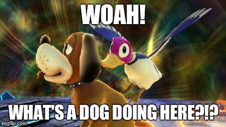 WOAH! WHAT'S A DOG DOING HERE?!? | image tagged in shocked duck,memes,ssb4 | made w/ Imgflip meme maker