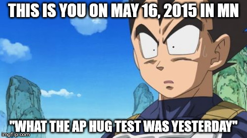 Surprized Vegeta Meme | THIS IS YOU ON MAY 16, 2015 IN MN "WHAT THE AP HUG TEST WAS YESTERDAY" | image tagged in memes,surprized vegeta | made w/ Imgflip meme maker