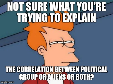 Futurama Fry Meme | NOT SURE WHAT YOU'RE TRYING TO EXPLAIN THE CORRELATION BETWEEN POLITICAL GROUP OR ALIENS OR BOTH? | image tagged in memes,futurama fry | made w/ Imgflip meme maker