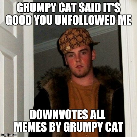 Scumbag Steve Meme | GRUMPY CAT SAID IT'S GOOD YOU UNFOLLOWED ME DOWNVOTES ALL  MEMES BY GRUMPY CAT | image tagged in memes,scumbag steve | made w/ Imgflip meme maker