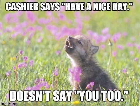 Baby Insanity Wolf Meme | CASHIER SAYS "HAVE A NICE DAY." DOESN'T SAY "YOU TOO." | image tagged in memes,baby insanity wolf,AdviceAnimals | made w/ Imgflip meme maker