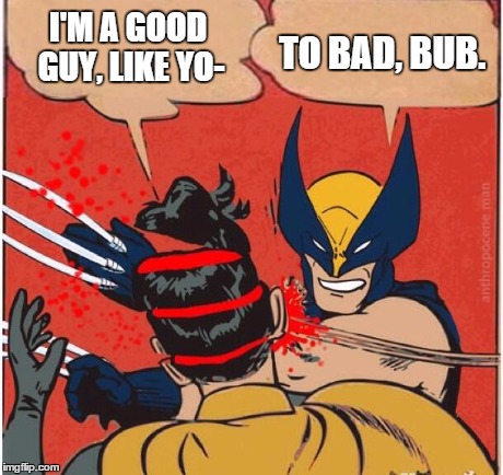 Wolverines kills robin | I'M A GOOD GUY, LIKE YO- TO BAD, BUB. | image tagged in wolverines kills robin | made w/ Imgflip meme maker
