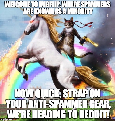 Welcome To The Internets | WELCOME TO IMGFLIP, WHERE SPAMMERS ARE KNOWN AS A MINORITY NOW QUICK, STRAP ON YOUR ANTI-SPAMMER GEAR, WE'RE HEADING TO REDDIT! | image tagged in memes,welcome to the internets | made w/ Imgflip meme maker