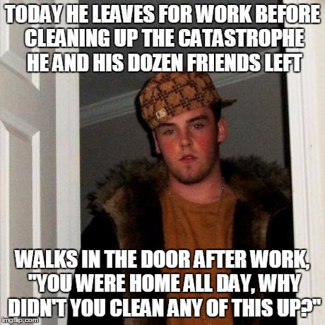 Scumbag Steve Meme | TODAY HE LEAVES FOR WORK BEFORE CLEANING UP THE CATASTROPHE HE AND HIS DOZEN FRIENDS LEFT WALKS IN THE DOOR AFTER WORK, "YOU WERE HOME ALL D | image tagged in memes,scumbag steve,AdviceAnimals | made w/ Imgflip meme maker