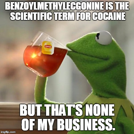 BENZOYLMETHYLECGONINE IS THE SCIENTIFIC TERM FOR COCAINE BUT THAT'S NONE OF MY BUSINESS. | image tagged in memes,but thats none of my business,kermit the frog | made w/ Imgflip meme maker