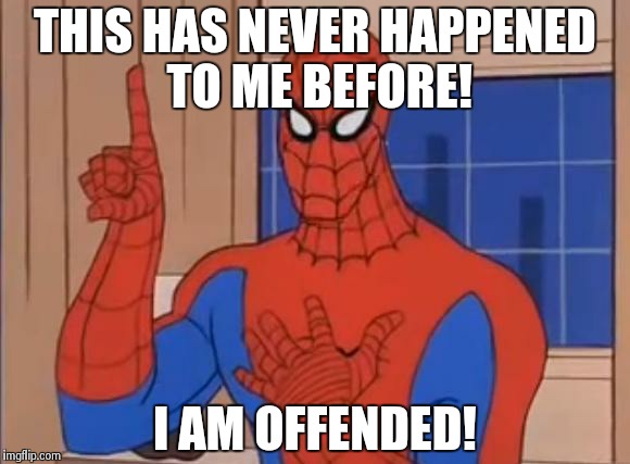 Spiderman Doesn't Agree | THIS HAS NEVER HAPPENED TO ME BEFORE! I AM OFFENDED! | image tagged in spiderman doesn't agree | made w/ Imgflip meme maker