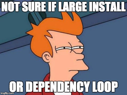 Futurama Fry | NOT SURE IF LARGE INSTALL OR DEPENDENCY LOOP | image tagged in memes,futurama fry | made w/ Imgflip meme maker