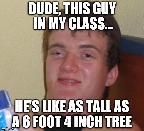 10 Guy Meme | DUDE, THIS GUY IN MY CLASS... HE'S LIKE AS TALL AS A 6 FOOT 4 INCH TREE | image tagged in memes,10 guy | made w/ Imgflip meme maker