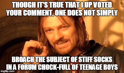 One Does Not Simply Meme | THOUGH IT'S TRUE THAT I UP VOTED YOUR COMMENT, ONE DOES NOT SIMPLY BROACH THE SUBJECT OF STIFF SOCKS IN A FORUM CHOCK-FULL OF TEENAGE BOYS | image tagged in memes,one does not simply | made w/ Imgflip meme maker