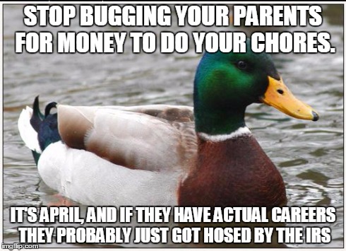 Actual Advice Mallard Meme | STOP BUGGING YOUR PARENTS FOR MONEY TO DO YOUR CHORES. IT'S APRIL, AND IF THEY HAVE ACTUAL CAREERS THEY PROBABLY JUST GOT HOSED BY THE IRS | image tagged in memes,actual advice mallard | made w/ Imgflip meme maker