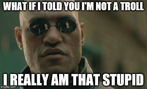 Matrix Morpheus Meme | WHAT IF I TOLD YOU I'M NOT A TROLL I REALLY AM THAT STUPID | image tagged in memes,matrix morpheus | made w/ Imgflip meme maker