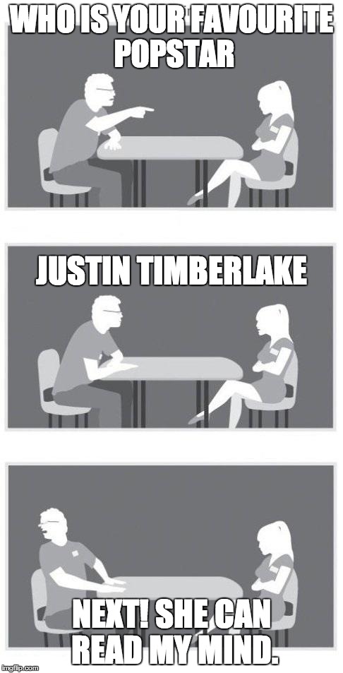 Dating Magicians | WHO IS YOUR FAVOURITE POPSTAR NEXT! SHE CAN READ MY MIND. JUSTIN TIMBERLAKE | image tagged in speed dating,justin timberlake,mind blown | made w/ Imgflip meme maker