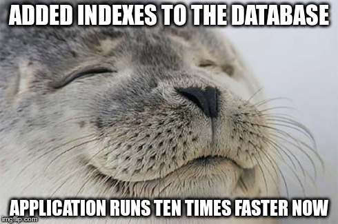 Satisfied Seal Meme | ADDED INDEXES TO THE DATABASE APPLICATION RUNS TEN TIMES FASTER NOW | image tagged in memes,satisfied seal,AdviceAnimals | made w/ Imgflip meme maker